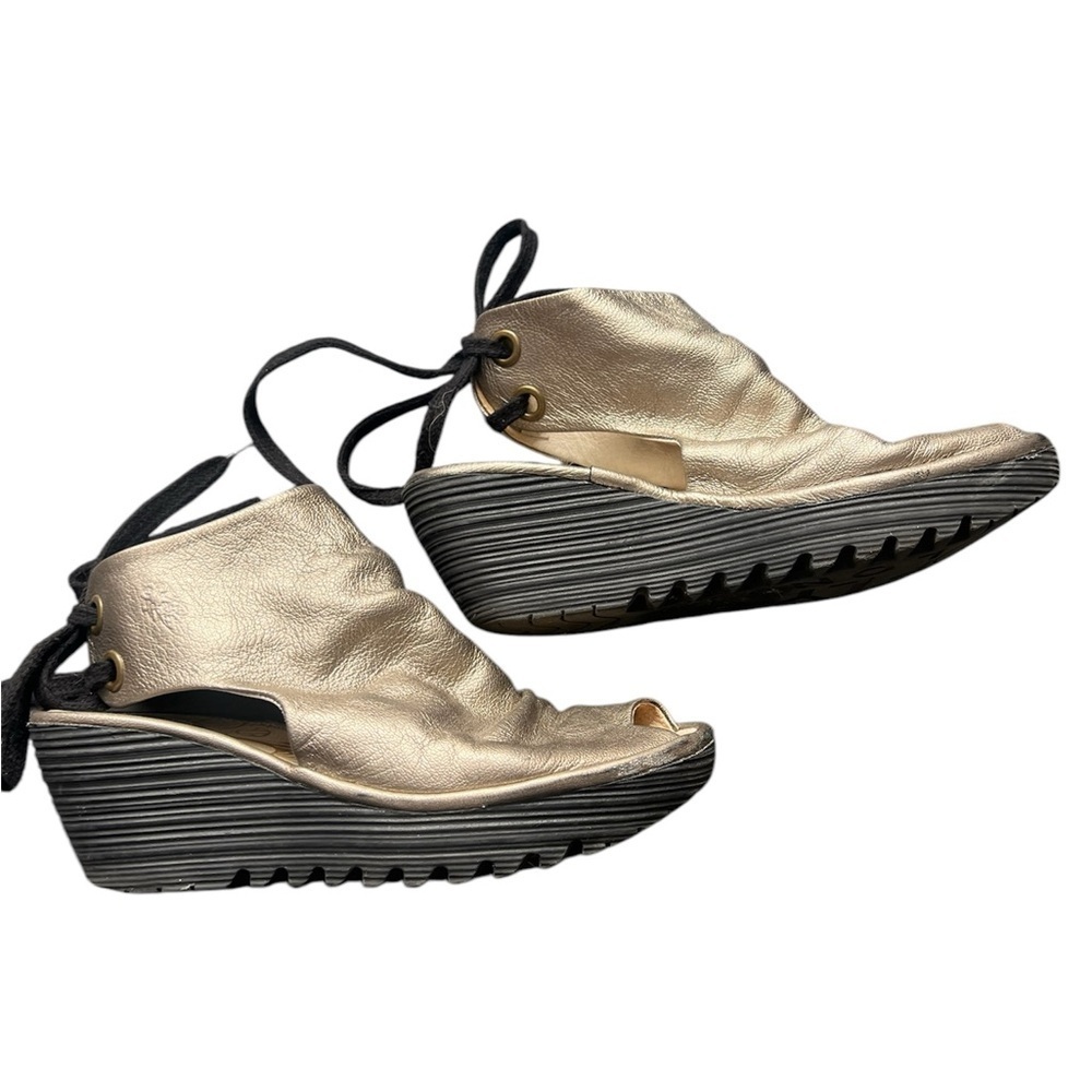 Fly London Ylva Lace Up Silver Metallic Sandals, size 37
